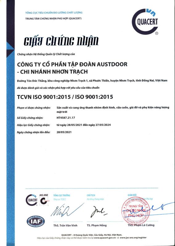Chứng nhận ISO 9001:2015 tại Nhơn Trạch là minh chứng cho sự cam kết của Austdoor về chất lượng và tiêu chuẩn sản xuất cao, đáp ứng các yêu cầu khắt khe của thị trường.